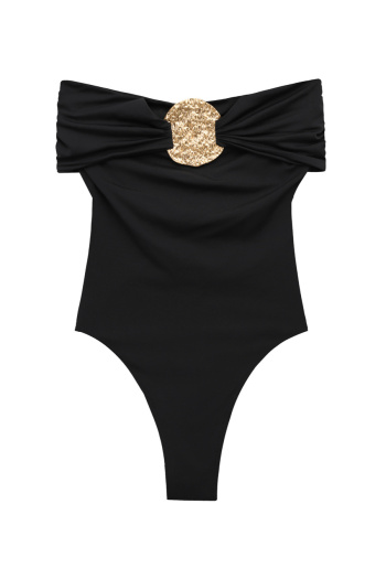 stylish slight stretch solid color tube top tight metal decor bodysuit