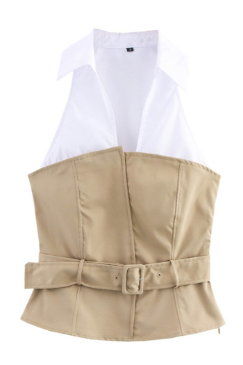 casual non-stretch contrast color lapel tank top