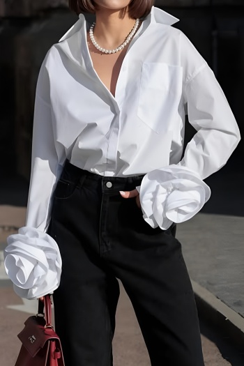 stylish non-stretch pure cotton 3d flower decor long sleeve blouse