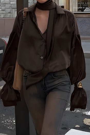 stylish non-stretch pure color lantern sleeve all-match blouse with ribbon