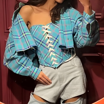 stylish non-stretch checkered eyelet lace-up bandeau & crop outerwear