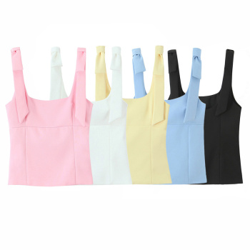 casual non-stretch 5 colors solid color bow decor tank top