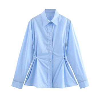 casual non-stretch lapel solid color waist button blouses