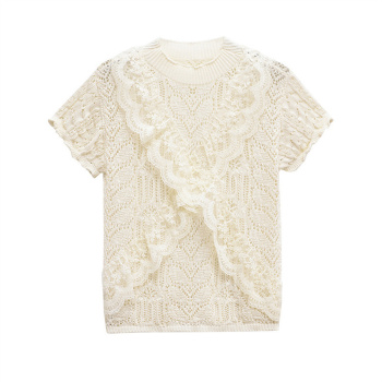 exquisite slight stretch ribbed knit crew neck lace trim sweaters