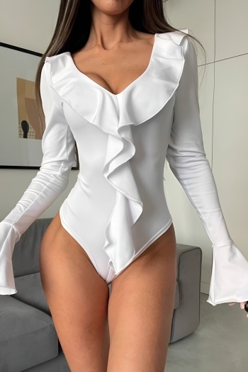 stylish slight stretch pure color v-neck ruffle bell-sleeve bodysuit