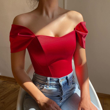 stylish new slight stretch off shoulder with rubber bone slim fit satin top