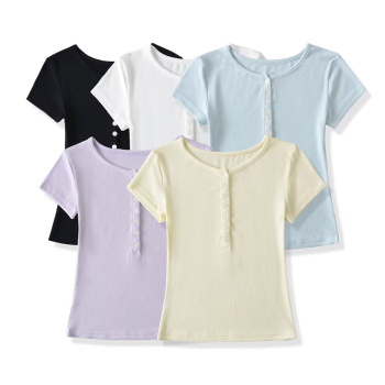 casual stretch 6 colors solid color crew neck button t-shirts(size run small)