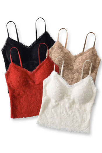 exquisite slight stretch stitching lace v-neck padded tank top(size run small)