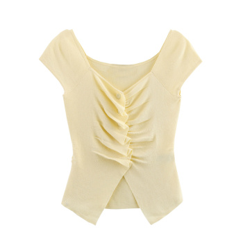 stylish stretch v-neck short sleeve ruched button knit wear(size run small)