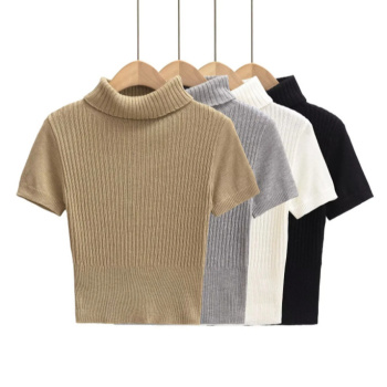 casual slight stretch high-collar ribbed knit sweaters(size run small)