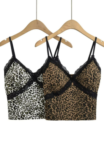 sexy slight stretch leopard printing lace trim padded tank top(size run small)