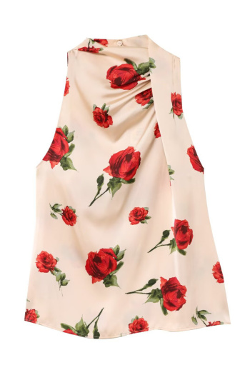 casual non-stretch flower batch printing tank top