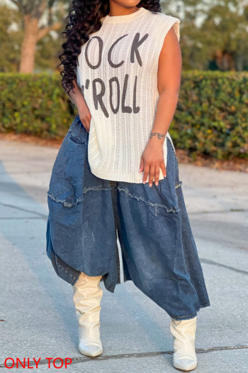 casual slight stretch knitted letter print loose split side all-match vest