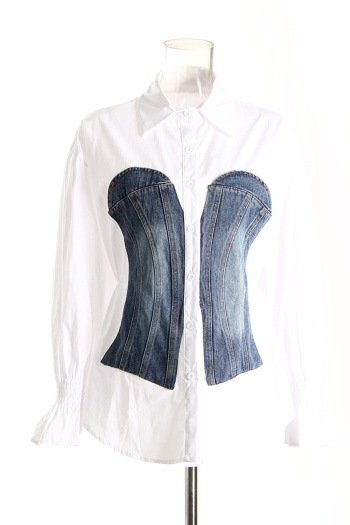 casual non-stretch stitching denim lapel button blouses(size run small)