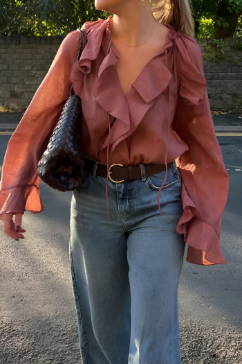 stylish plus size non-stretch v-neck ruffle lace-up bell-sleeve blouse