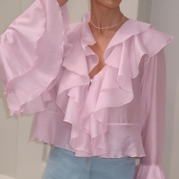 france style chic non-stretch pure color v-neck ruffle bell-sleeve blouse