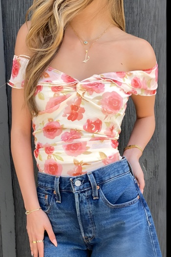 holiday micro stretch mesh flower printing off the shoulder crop top