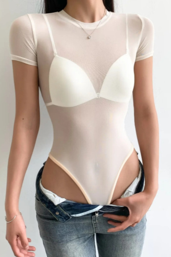 sexy slight stretch solid color see-through mesh short sleeves bodysuit size run small