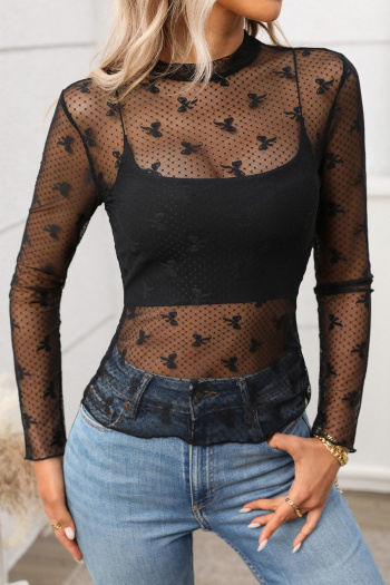 sexy slight stretch polka dot bow print long sleeve see-through mesh lace top