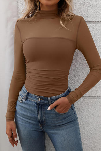 casual slight stretch 6-colors see-through mesh patchwork slim fit shirring top