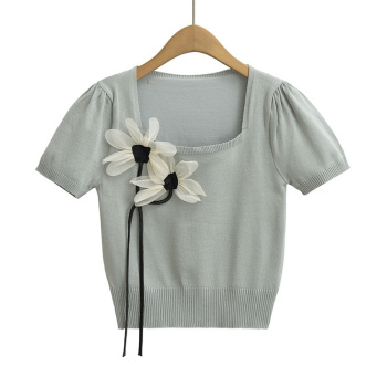 casual slight stretch flower decor ribbed knit square neck top