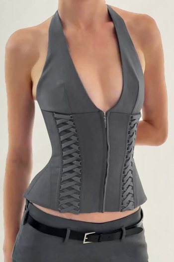 sexy non-stretch solid color halter-neck cross decor tank top