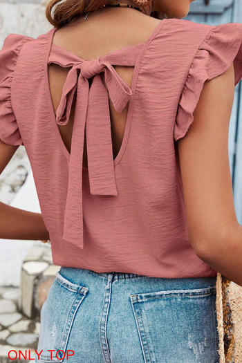 casual non-stretch solid color 5-colors ruffle sleeves wrinkle fabric top