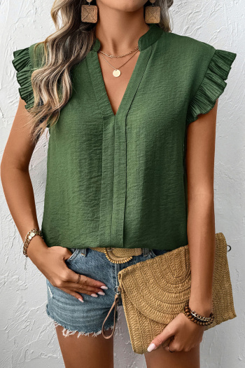 casual non-stretch solid color v-neck wrinkle fabric top