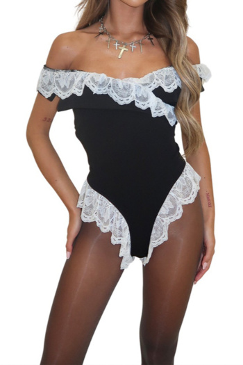 sexy slight stretch lace trim off shoulder bodysuit