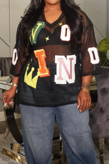 sexy plus size slight stretch mesh see-through letter printed loose t-shirt