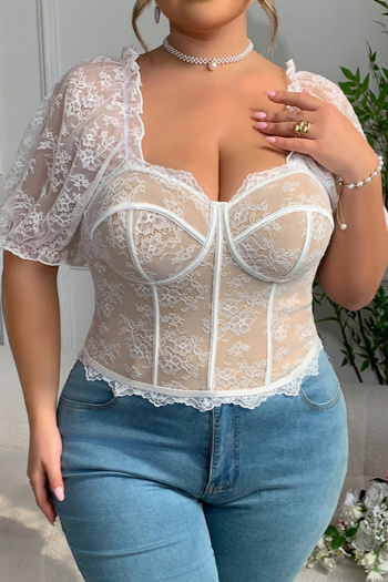 sexy plus size slight stretch slim fit see-through lace top