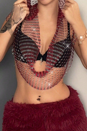 sexy non-stretch fishnet hollow rhinestone party music festival hooded vest