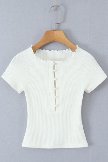 casual slight stretch solid color slim fit pearl button short sleeve top