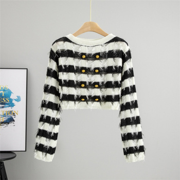 casual slight stretch knitted striped tassel double breasted cropped top