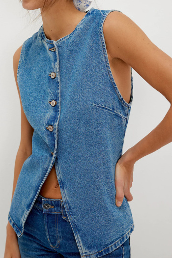 casual non stretch denim button slit vest