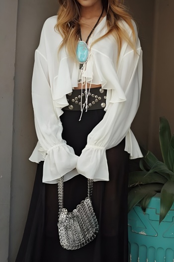 casual non stretch solid ruffle lace up long sleeve blouse