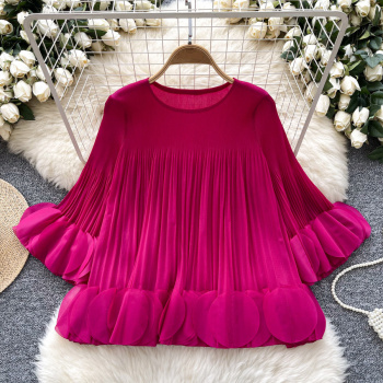 stylish slight stretch 5 colors pleated ruffle loose blouse