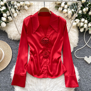 french elegant non-stretch satin 6 colors 3d flower long sleeve blouse