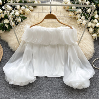 exquisite slight stretch off shoulder lantern sleeve ruffle all-match blouse