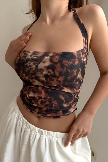 xs-l stylish high stretch leopard printing halter-neck lace-up ruched vest