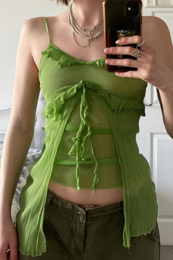sexy slight stretch solid color sling see-through mesh wrinkle fabric vest