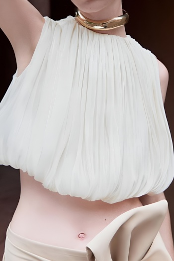 chic slight stretch pure color pleated sleeveless crop loose blouse