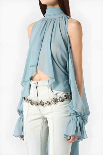 elegant non-stretch see through long ribbon blouse