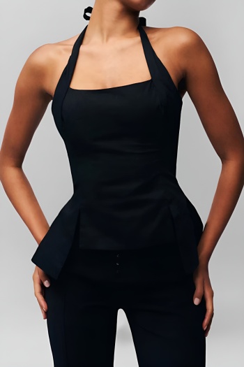 stylish slight stretch pure color halter-neck eyelet lace-up all-match vest