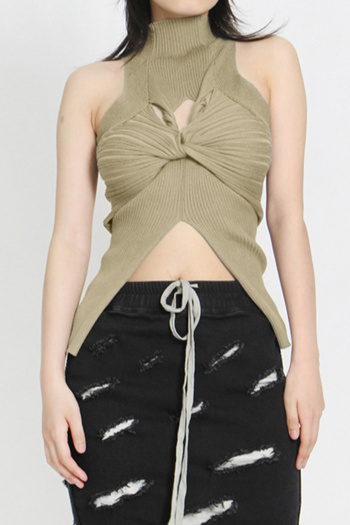 sexy slight stretch ribbed knit crew neck hollow tank top