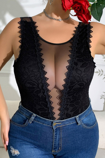 sexy plus size slight stretch see-through mesh splicing sleeveless bodysuit