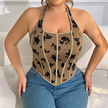 retro plus size slight stretch halter neck tight lace-up vest with rubber bone