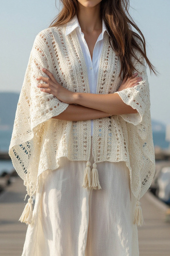 casual slight stretch solid color hollow knitted loose tassel shawl