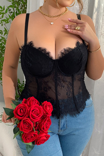 sexy plus size stretch see-through lace mesh vest with underwire & rubber bone