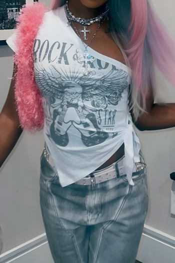 sexy slight stretch letter eagle printing one shoulder top